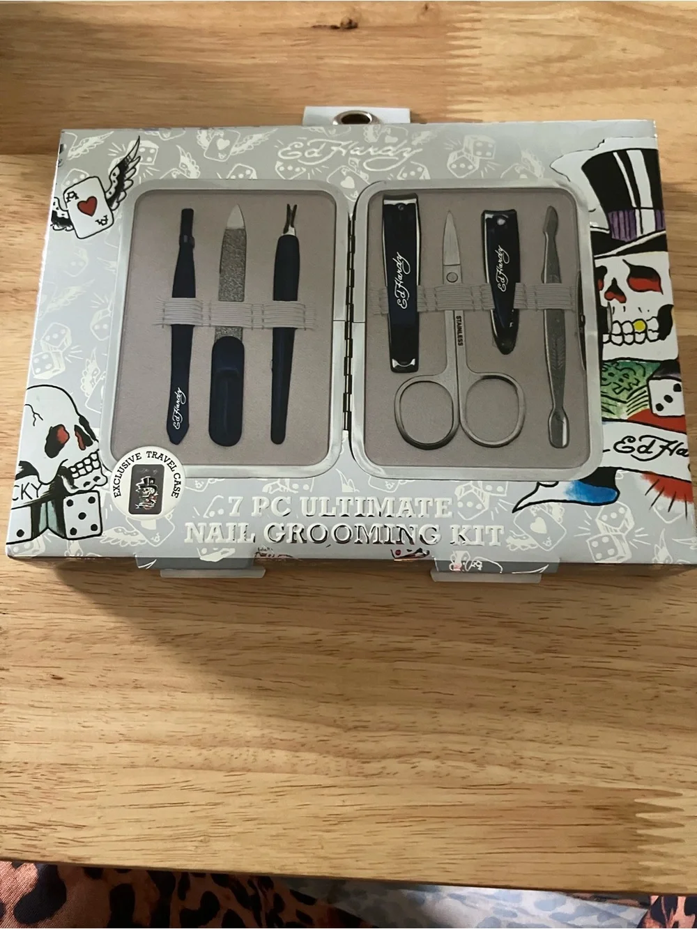 Ed Hardy Gray Nail Grooming Kit with Colorful Skull Graphic